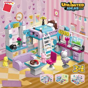 3in1 Girls Friends Morden Princess Bedroom Set Playground Castle House Bedroom DIY Building Block Toys for Kids Christmas Gifts Q0624