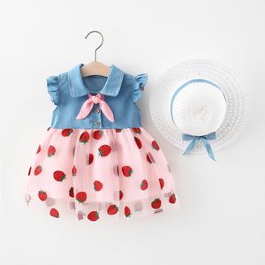 Sommar baby flicka klänning kläder sätter toddler spädbarn tryckta prinsessan klänningar 1 år flicka födelsedag kläder med hatt baby kostymer Q0716