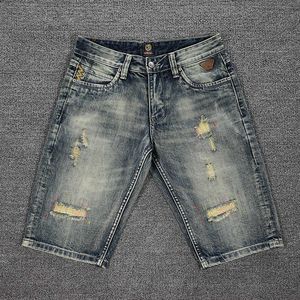 Sommar mode designer män jeans retro gul blå rippad denim shorts vintage broderi hip hop kort kxbw