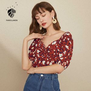 FANSILANEN V neck twist sexy floral print blouse shirt Women vintage puff sleeve boho linen top Female summer office lady 210607