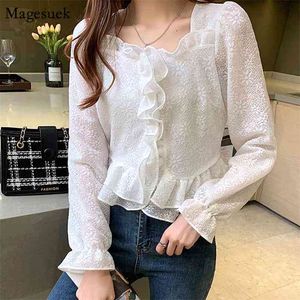 Autumn Ruffles Elegant Blouse Women Floral Short s Tops And Blouses Square Collar Pullover White Shirt 12053 210512