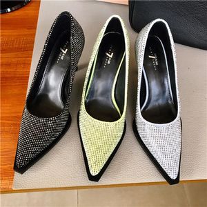 Dress Shoes 2022 Brand Women Thin High Heel Pumps Fashion Bling Crystal Shallow Pointed Toe Slip On Party Ladies Sand