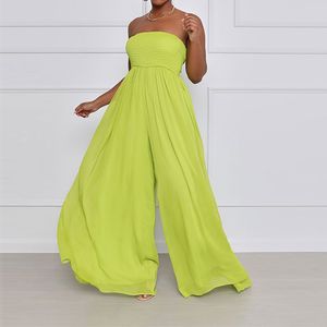 4 Colors Women Summer Solid Fashion Chiffon Chest Wrapped Jumpsuit Casual Flared Pants Romper Women 210521