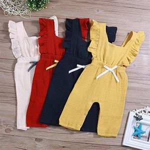 Barn casual jumpsuits solida färger fyrkantig krage jumpsuit lacing ruffler onesies spädbarn toddler baby kläder vetement bebe 2573 Q2