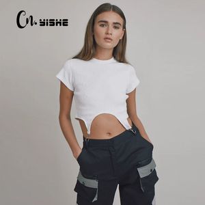 Cnyishe Yaz Elastik Yükseklik Gömlek Katı Siyah Seksi Kırpma Üst Kısa Kollu Skinny Slim Kadınlar Moda Streetwear Tshirt Tops 210419
