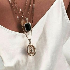 Fashion Gold Coin Virgin Mary Square Black Crystal Pendant Necklaces For Women Vintage Female MultiLevel Gift Jewelry