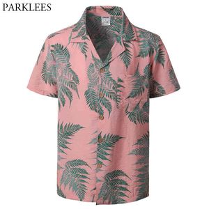 Herren Hipster Casual Kurzarm Hawaiian Aloha Hemden Sommer Button Down Tropical Männer Strand Hemd mit Tasche Rosa 2XL 210522