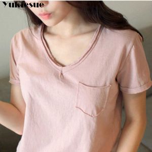 Plus Storlek XXL Summer T Shirt Kvinnor 100% Bomull V Neck Kortärmad T-shirt Toppar Casual Tshirt Kvinnlig Tee Femme Toppar 210608