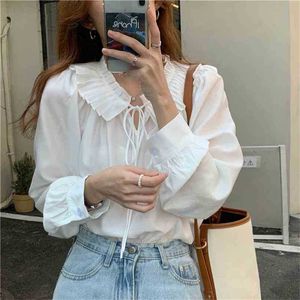 White V-Neck French Retro Women Solid Chic Shirt Vintage Loose High Quality All Match Casual Top Blouses 210525