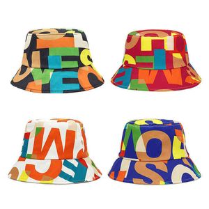 Ny sommarbrev Skriv ut Bomull Bucket Hattar för Kvinnor Män Utomhus Solskydd Fiskare Cap Hip Hop Lady Fashion Panama Hat Y220301