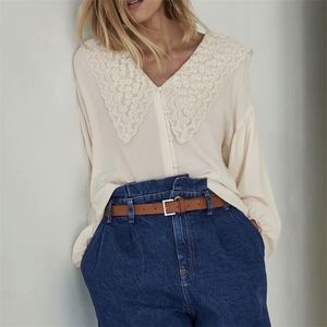 Women Summer Chiffon ZA Vintage Blouses Shirts Tops Long Sleeve Lace Embroidery Loose Female Elegant Casual Top Tunic Blusas 210513