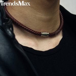 Colar de gargantilha masculina preto marrom trançada colar de couro de aço inoxidável fecho magnético masculino jóias presentes UM27A