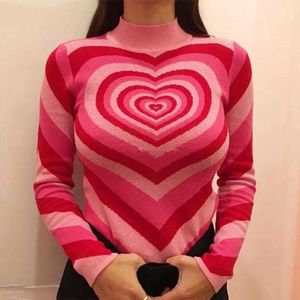 Love striped sweater color matching rainbow retro high-neck slim pullover women's autumn Y2K pink heart-shaped knitted 210922