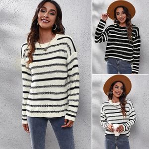 Europäische und amerikanische neue Damen-Strick-T-Shirts, gestreifter Langarm-Strickpullover, lockere Herbst-Winter-Kleidung