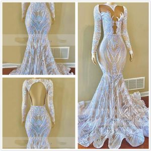 2022 New Long Sleeves Sequins Mermaid Prom Dresses Sparking Backless Ruched Evening Gown Plus Size Formal Party Wear Gowns