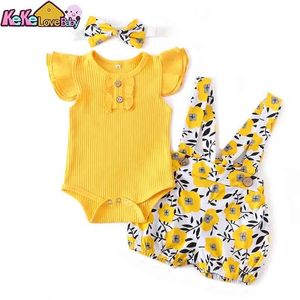 Baby Girl Summer Clothes Set Fashion Born Spädbarn Stickning Bomull Ruffles Romper Shorts Bow Headband 3pcs för småbarns outfits 210816