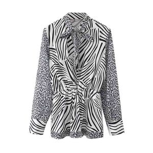 Eleganckie kobiety Lampart Patchwork Koszule Moda Damska Kołnierz Kołnierz Topy Streetwear Kobiet Chic Zebra-Stripe Bluzki 210430