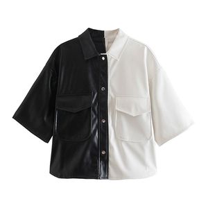 Moda z kieszeniami Kontrastowe kolory Bluzki Kobiety Vintage Krótki Rękaw Button-Up Koszulki Faux Leather Chic Topy 210430