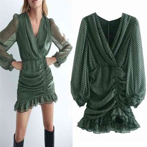 Grön metallisk tråd draperad Mini Dress Kvinnor V-hals Långärmad Ruched Ruffle Es Tillbaka Knappad Öppnande Retro 210519