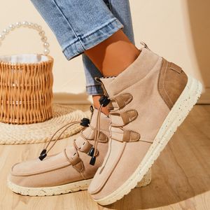 Classy Fall Winter Ankel Boots Rund Toe Antiskid Lace Up Suede Skor Kvinnor Casual Flat Heels With Buckle 4 Färger Solida Short Booties