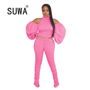 Mulher 2 peças Sets Sexy Outfits Long Buff Manga De Luva Super Túnica + Cintura Alta Calças Empilhadas Calças Vintage Femme 210525