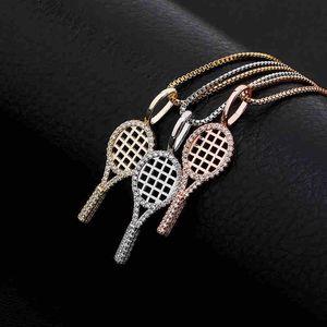 Halsband Hip Hop Iced Out CZ 925 Sterling Silver Tennis Racket Pendant Halsband Iced Out Full Cubic Zircon Women Men