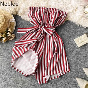 Neploe Rompers Womens Jumpsuit Off Shoulder Strapless Bodysuits Casual Vertical Striped Sexy Backless Wide Leg Overall 1C316 210423