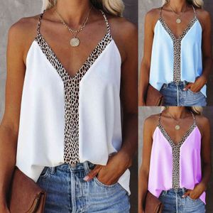 Sexiga toppar Kvinnor Casual Chiffon Strap SleeveLeshirts Damer Leopard Print V-Neck Vest Tank Blouse Blusas Mujer de MODA 2021 x0507