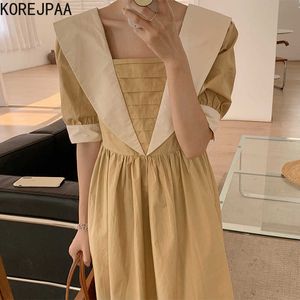 Korejpaaの女性のドレス夏の韓国のシックなhepburnスタイルの先向きカラープリーツコントラストカラーハイウエストパフスリーブvestidos 210526