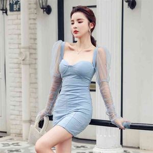 tulle dress Ladies Korea Summer Long Lace Sleeve Square Neck Linen Sexy fairy Club Mini Bodycon Dresses for women 210602