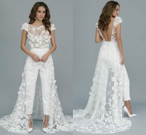 Plaża Bohemian Wedding Commpsuit z długim pociągiem 3D kwiatowy aplikacja Backless bridal spodnie garnitur z iluzji Cap Rękawy Vestidos de Novia