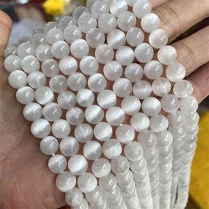 7A natural cat's eye white moon loose transparent gypsum stone round beads cross-border