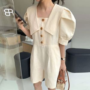 Sommar Mode Casual Vintage Big Lapel Singel Breasted Design Pocket Loose High Waist Bubble Sleeve Jumpsuit 16F1244 210510