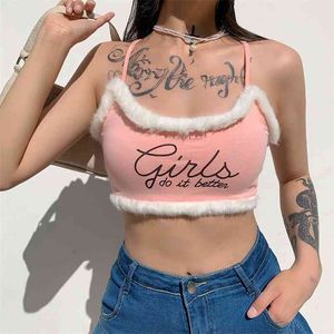 Kawaii Letter Print Y2K Summer Furry Sweet Pink Camis Top con cinturino sottile Backless Carino senza maniche Crop Cami Streetwear 210510