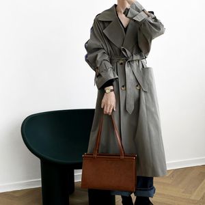 Minimalist Suit Collar Double-breasted Long Trench Coat High Quality OL Overcoat Autumn Solid Casual Windbreaker 210421