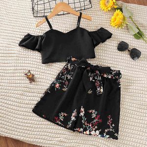 Elegant Children's Clothes 2022 Summer New Fashion Girls Casual Suit For Kids Retro Sexy Camisole Top+Print Shorts 2-Piece Sets G220217