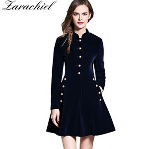 Winter Dresses Navy Blue Long Sleeve Single-Breasted Slim Stand Collar Corduroy A Line Vintage Dress 210416