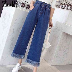 Zoki Frühling Plus Größe Frauen Jeans Quaste Hohe Taille Elastische Knöchel-Länge Denim Hosen Mode Lose Breite Bein Weibliche S-5XL 210629