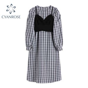 Moda dois peça vestido xadrez mulheres manga comprida rodada colarinho estilo coreano mori menina outono casual elegante senhora vestido 210417