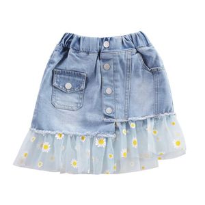 Girls Jean Skirts Holes With Tulle Mesh Flower Baby Girl Denim Toddler Children's Clothes Kids Skirt For 2 4 6 8 9Y