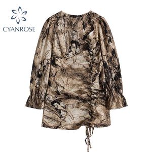 Tie Dye Streetwear Crop Dress Women O Neck Draped Drawstring Lace Up Short Frocks Female Flare Long Sleeve Tide Party Club Jupe 210417