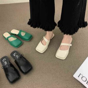 BAILAMOS BAOTOU Mezza pantofole All'aperto Pantofole Lazy Pantofole da donna 2022 Fashion All-Match Square Toe Flats Retro Mule Shoes Beach Sanda Y220224