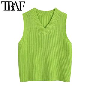 TRAF Women Fashion With Ribbed Trims Knitted Vest Sweater Vintage V Neck Sleeveless Female Waistcoat Chic Tops 210415