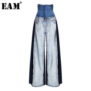 [EAM] Vår sommar hög midja lös träff färg denim pocket blå lång brett ben jean byxor mode jr841 210809