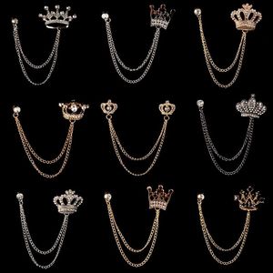 Pins, broscher Fashion Crown Rhinestones Brosch Crystal Tassel Chain Collar Suit Shirt Shirt Lapel Pin Luxulry Bröllop Smycken Tillbehör Gåvor