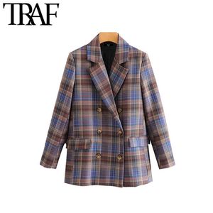 Women Vintage Stylish Double Breasted Plaid Blazer Coat Fashion Long Sleeve Pockets Office Wear Female Outerwear Chic Tops 210507