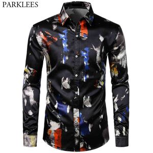 Colorful Print Silk Shirt Men Fashion Splashing Ink Mens Dress Shirts Smooth Satin Party Men Long Sleeve Camisa Social Masculina 210524