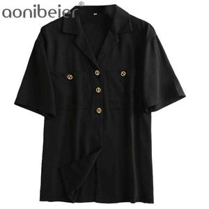Summer Black Shirts Fashion Metal Buttons Notched Collar Drop Shoulder Short Sleeve Women Casual Blouses Female Tops 210604