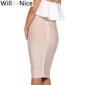 Willbenice Sexy bandage nude roxo branco bodycon bandagem womens joelho comprimento rosa fúcquia preto lápis saias 210721