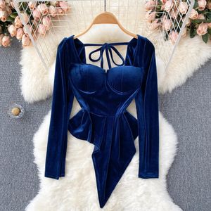 ins fashion Women Velvet Shirt 2022 New Autumn Square Twilar Long Longed Blaced Slim High Weist Lace-Up غير منتظمات السيدات غير النظامية